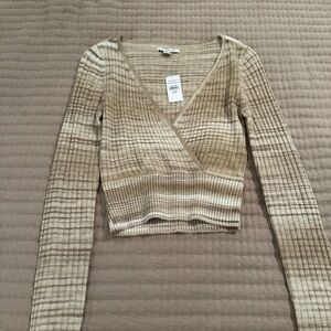 American Eagle Outfitters Beige Ribbed Wrap Top